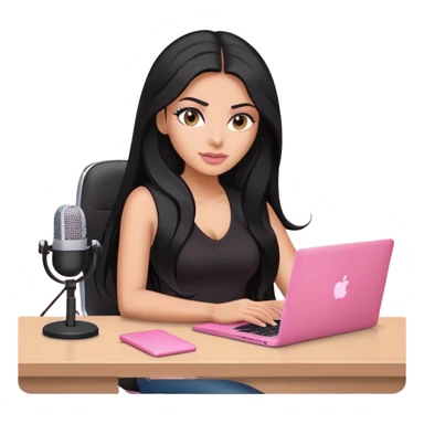 tanned long black hair woman, sat at desk with pink MacBook, podcast microphone black top and pink, sexy sticker