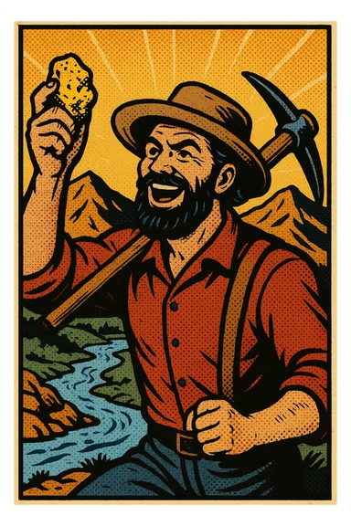 A male gold prospector in the 1840s in California holding up a nugget of gold and carrying a pickaxe.  In the background are mountains and a stream. sticker