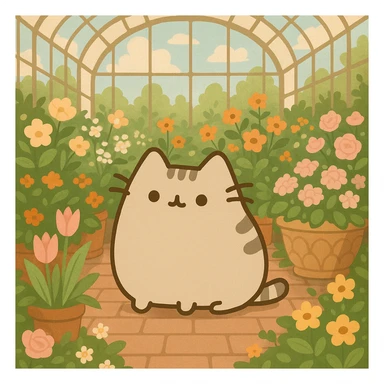 beige pusheen kitten in a botanical garden greenhouse filled with flowers sticker