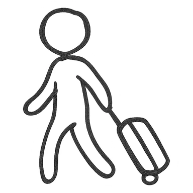 silhouette of a person with a traveling suitcase, minimal, black on white sticker