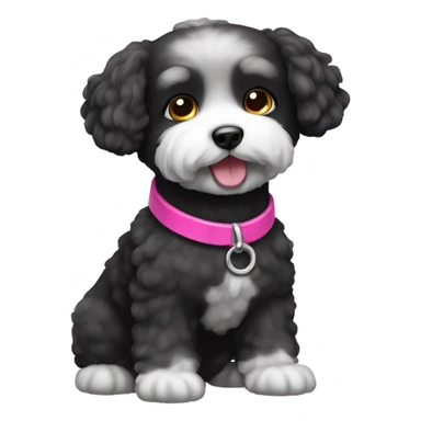 Black bichon dog with a pink collar sticker