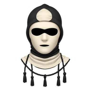 Deconstructed off-white balaclava with frayed layers, rope tassels, subtle embroidery. Studio photo, white bg, soft light. Streetwear luxury style.
 sticker