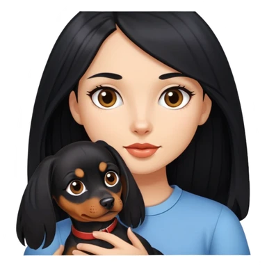 A girl with long black hair holding a Pinscher dog sticker