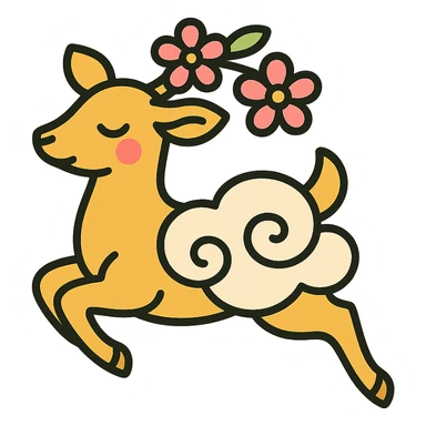 feminine adult vanilla cloud doe with rosy cheeks and cherry flowers, floating gracefully, minimalist style, brand identity, social media sticker