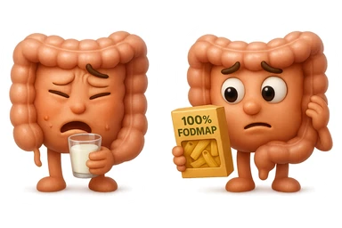 emoji stile iphone di un intestino che beve latte e ha un espressione di dolore e un intestino che guarda un pacco di pasta con la scritta "100% FODMAP" SULL'ETICHETTA CON ESPRESSIONE CONFUSA, iperrealistico 4k, isolato su sfondo bianco sticker