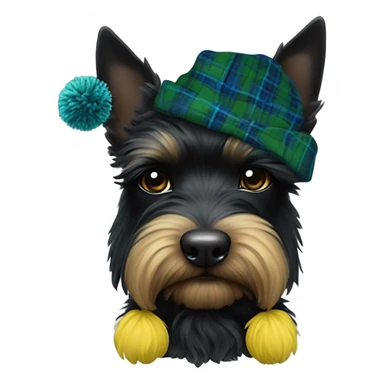 Black Scottie dog wearing a blue and green tartan tam hat with a yellow Pom-pom on top  sticker