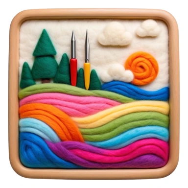 Felt art creation icon, layers of colorful felt being carefully shaped with felting needles into a large picture or decorative design, visible hand tools like felting needles, no finished artwork, just the process of felting, minimalistic style, clean lines, transparent background. sticker