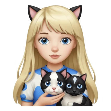 One  cat black and white stain like a cow in the arms of long blond hair girl with bangs and blue eyes sticker