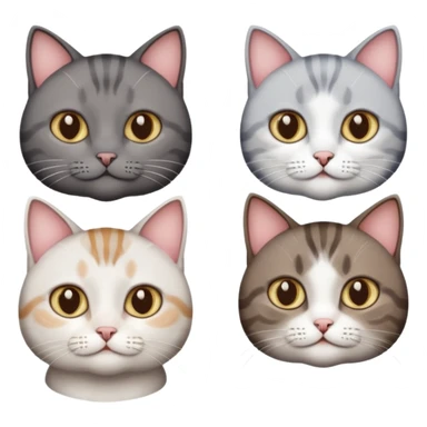 4 different coloured short haired cats including; a dark brown tabby and white cat, and a dark grey and white  sticker