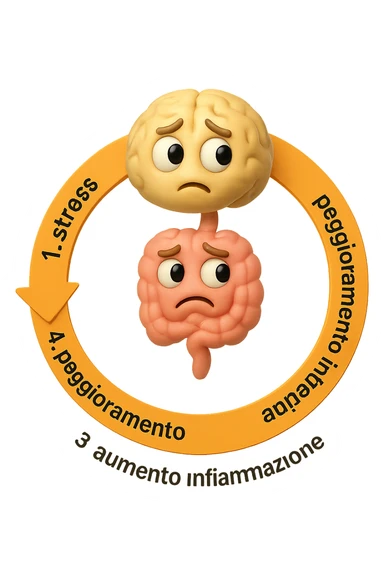 EMOJI STILE IPHONE 3D DI un cerchio con queste scritte che girano intorno in ordine per come li ho scritti "1. stress → 2. peggioramento intestinale → 3. aumento infiammazione → 4. peggioramento sintomi intestinali e sistemici." al centro del cerchio metti un cervello e intestino umani collegati verticalmente con espressione dubbiosa in volto, FALLO MOLTO REALISTICO IN 3D sticker