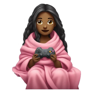 Olive skinned girl with long dark hair wrapped up in a blanket sitting on a couch with a pink gaming controller in her hands sticker