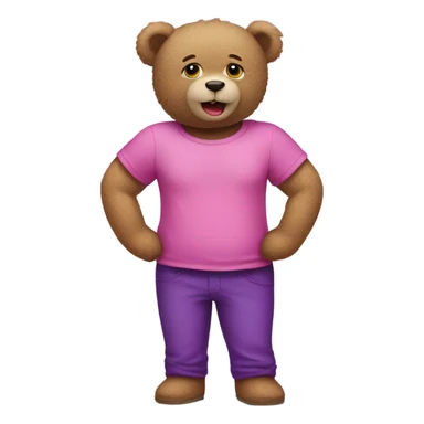 Teddy bear wearing purple pants with lipstick and a pink T shirt sticker