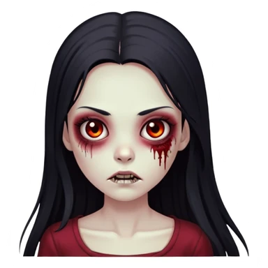 zombie girl with long straight black hair, dark eyes, long eyelashes, dark red cropped sticker