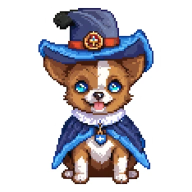 A cute small dog with sleek black fur, bright blue eyes, and a playful expression, dressed as a musketeer. The dog is wearing a classic musketeer hat with a feather, a tiny cape, and a ruffled collar. The dog is playfully saluting with a paw raised in a noble gesture. sticker