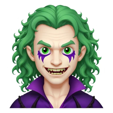 Vampire, long curly hair, male, fanged teeth, stitches with one side of face green and the other side purple, sticker