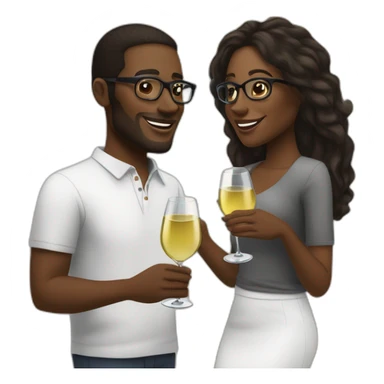 An African couple, a black woman with long dark blonde hair and brown eyes, and a black man with a medium fade haircut who wears glasses, toast to each other with a glass of white wine. sticker