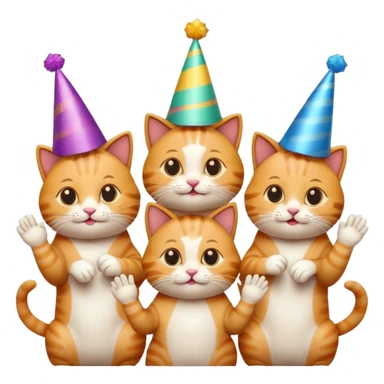 five cats applauding a single cat in the middle, party hats and decorations, emoji style sticker