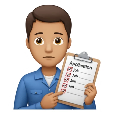 Man looking sad while holding a clipboard with a checklist that has a heading that says job application  sticker