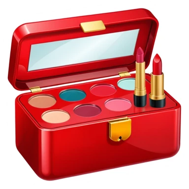 five cosmetic products in jewel box (box is red color+5 cosmetic products like lip, eye shadow, brush, cream sticker