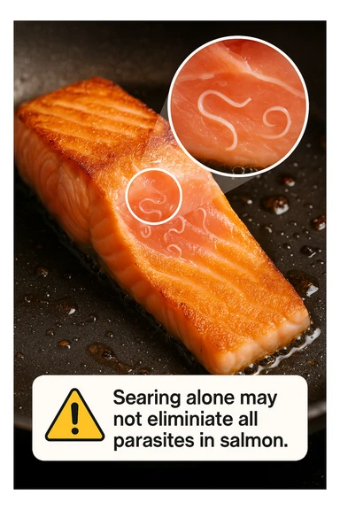 a close-up of a salmon fillet being lightly seared in a hot pan, with the outer layer cooked but the inside still raw. An inset magnifies the interior, showing visible Anisakis parasites surviving in the uncooked portion. A warning icon and educational text explain that searing alone may not eliminate all parasites. sticker