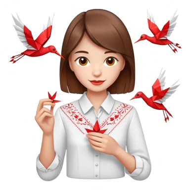 A happy Ukrainian young girl with brown hair in a white embroidered shirt makes an origami red crane craft sticker
