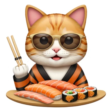 happy cat wearing sunglasses and eating sushi sticker