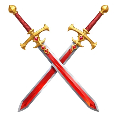Two crossed swords that are golden in blade and handle and have fiery and royal appearence to them as well as red gem stones yellow in color sticker