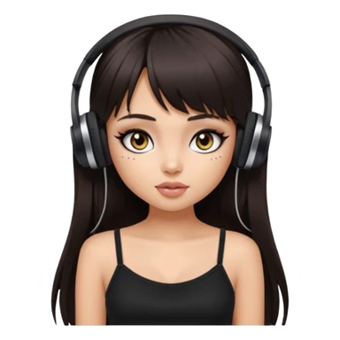 generate a pretty bratz girl in black cami top, dark brown straight long hair with bangs, eyeliner on, listeninh to music sticker