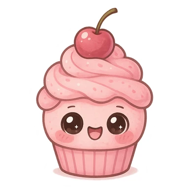 a cute pink cupcake with a cherry, original design, big eyes, blushing cheeks, joyful sticker