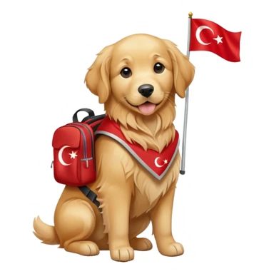 dog with a backpack holding a Turkish flag sticker