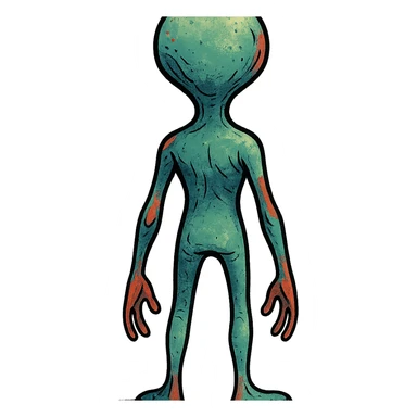 alien standing, facing away from the viewer, unique style, creative, imaginative, stylized illustration, rear view, back view, character design sticker