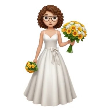 Chica blanca, pelo rizado, gafas, vestido novia playa sin vuelo cuerpo entero, pelo castaño sticker
