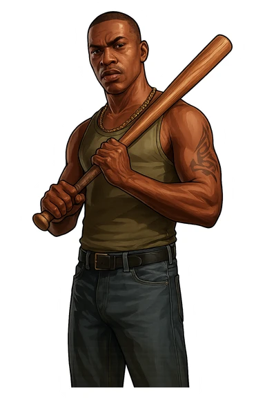 Carl Johnson (CJ) from GTA San Andreas in GTA5 art style, holding a baseball bat, streetwise look, detailed, no background sticker