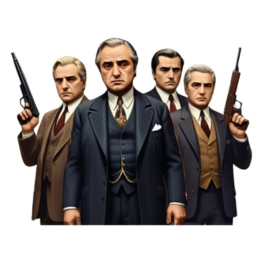 A vintage movie poster-style design featuring Don Vito Corleone surrounded by gangsters with Tommy guns. Include a dark, moody noir atmosphere with skyscrapers of New York in the background. The scene should be tense and mysterious, with a retro cinematic feel. Transparent background. sticker