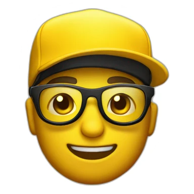 crea un emoji amarillo con lentes de sol tipo aviador y gorra negra sticker