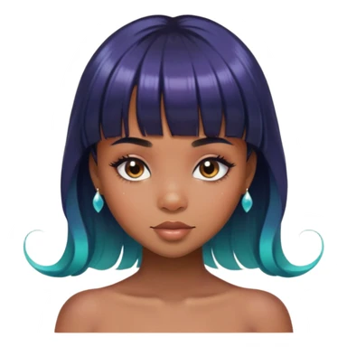 brownskin girl, beautiful girl, mermaid appearance, black straight hair with bangs above eyebrowns, nostril piercing sticker