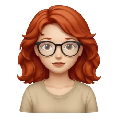 girl wear glasses, wavy red hair, beige shirt\ sticker