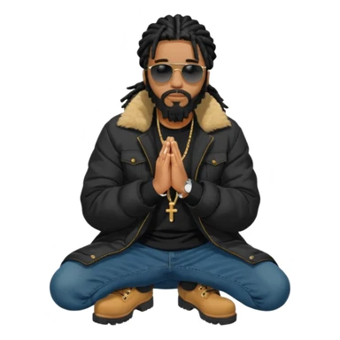 African American man with shoulder length black dreadlocks with black beard wearing black sunglasses wearing a black bubble winter coat  wearing denim skinny jeans and timberland boots praying on knees sticker