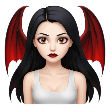 White woman with a white tank top long black hair glossy middle part straight long hair vampire look  brown eyes eyeliner winged with lashes top and bottom white border big lips black eyebrows sticker