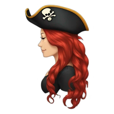 Woman long red hair hanging to one side in a platt, tattoo on side of head.  pirate hat. skull and crossbones t shirt sticker