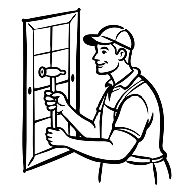 Window repair craftsman smiling while holding a small rubber mallet in his hand, looking at window he's fixing sticker