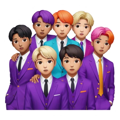 Cinematic Realistic group portrait of BTS featuring all 7 members in stylish modern attire, with detailed facial expressions and vibrant colors, captured in dynamic, contemporary lighting that emphasizes their global pop icon status sticker