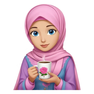 Turkish beautiful finish Konya girl blue eyes with pink and light purple denim hijab islamic dress and had on her hand Rose coffee   sticker
