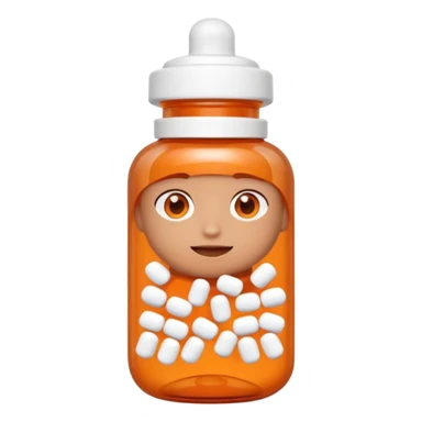 A 3D cartoon medicine bottle with orange transparent body and white cap, filled with pills, soft studio lighting, realistic Memoji-style. sticker