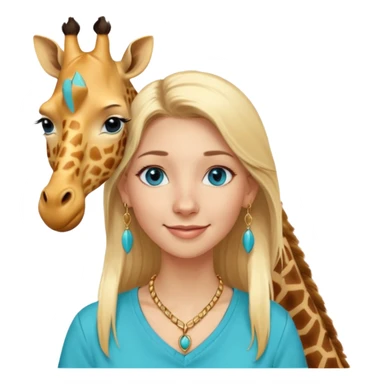 Swedish girl blonde long straigt hair blue eyes turqoise shirt gold earings, girrafe necklace gold small, very long lashes smiling closed mouth,  sticker