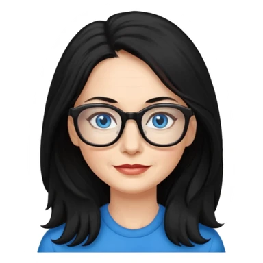 woman 50 years old, long and fluffy black hair, blue eyes, glasses sticker