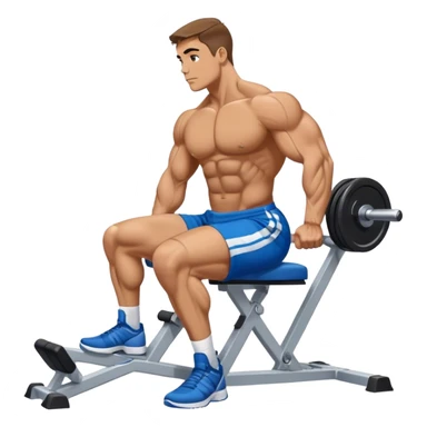 side-view bodybuilder in blue shorts seated weighted calf-raise machine on his tip toes sticker