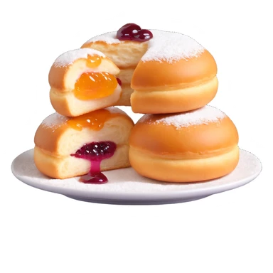 one Berliner Krapfen, round, golden-brown, no hole, thick layer of powdered sugar, jam filling peeking out sticker