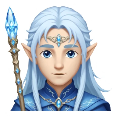 Legendary fantasy Christmas elf portrait icon, Santa Claus and Snow Maiden inspired, ancient winter spirit style, long flowing white-blue hair, glowing frost eyes, crystal staff, elegant elven features, divine winter magic aura, icy silver color palette, highly detailed but clean emoji icon male sticker
