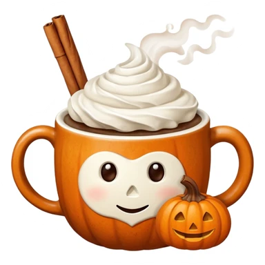 Steaming coffee Mug with whipped Cream and cinnamon Dust on Cream.  Small Punkin and 3 sticks of cinnamon next to mug sticker